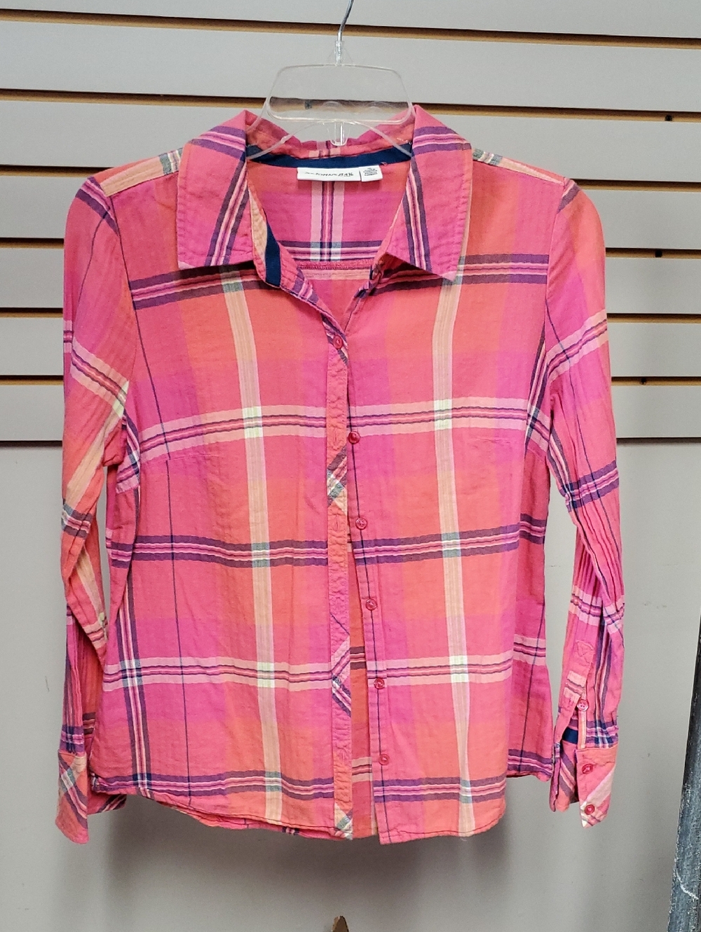 St. John's Bay Pink and Coral Plaid Button-Down Shirt